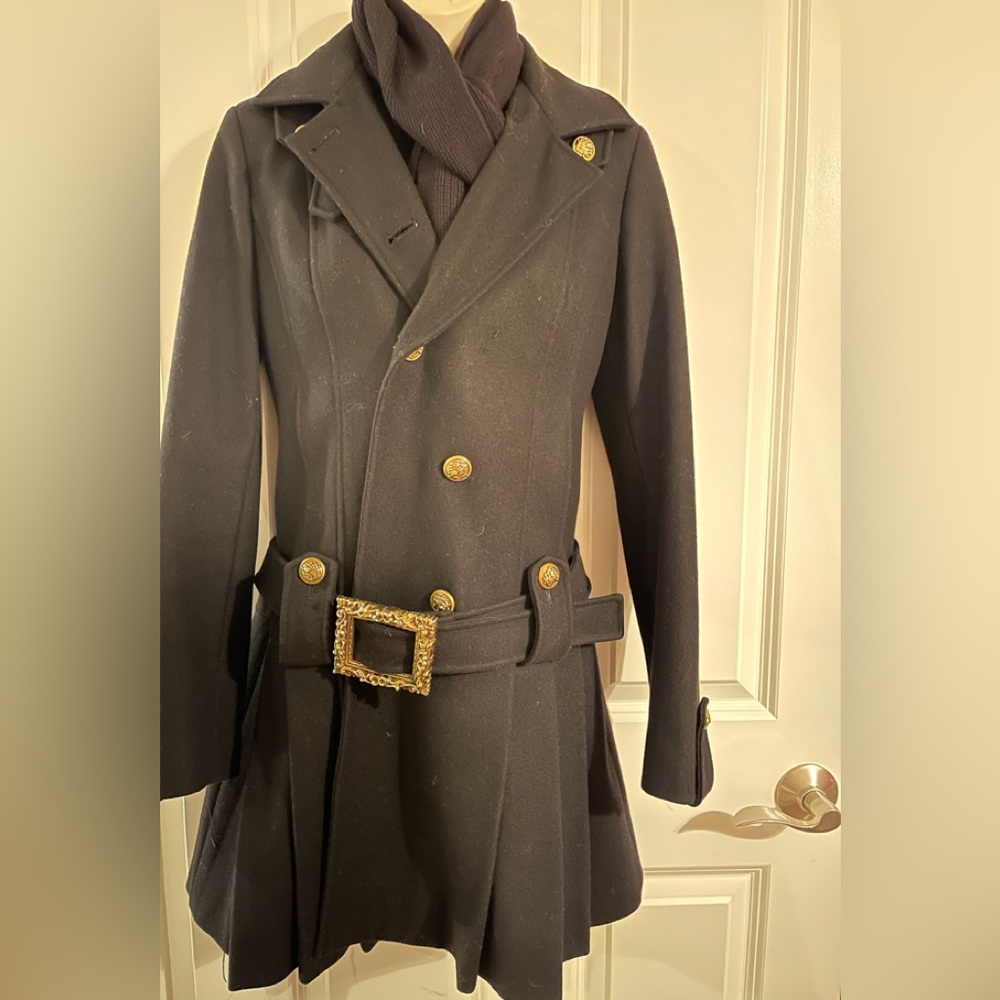 Guess women Double Breasted Black, Belted pea coat wool